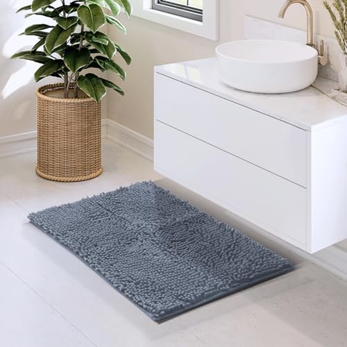 Hearth & Harbor Bathroom Rugs, Chenille Bath Mat - Machine Washable Bath Mats for Bathroom Non-Slip Backing Rubber, Quick Dry Bathroom Mat, 17 x 24 - Stone Blue - color: Stone Blue, style: 17 x 24