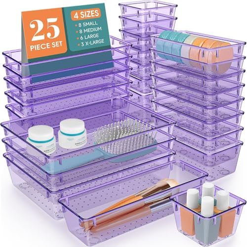 StorMiracle 25 PCS Drawer Organizer Set, 4 Varied Size Bathroom and kitchen Drawer cabinet organizer Trays, Clear Storage Bins for Makeup, Jewelry, Utensils and Gadgets， Purple - color: Purple, size: 25 PCS
