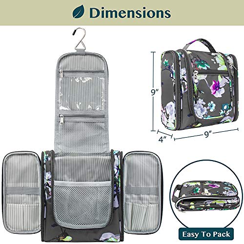 PAVILIA Toiletry Bag Travel Bag for Women Men, Hanging Cosmetic Organizer, Water Resistant Makeup Bag for Accessories Toiletries, Large Travel Essentials Kit (Floral Grey) - color: Floral Grey, size: Standard (9x4x9)