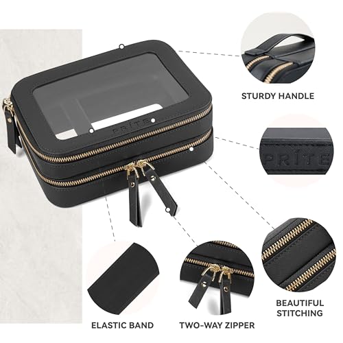 Prite Clear Makeup Bags Double Layer Cosmetic Bags with a Separate Brush Compartment Travel Makeup Bag for Women Travel Accessories Organizer for Purse(Black) - color: Black, size: Standard - Double Layer