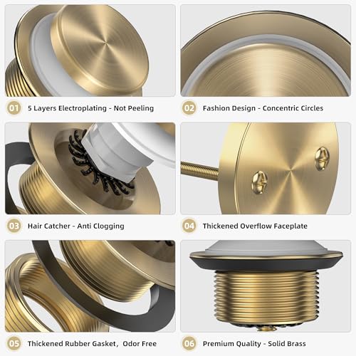 Brushed Gold Tub Drain Kit with Hair Catcher, Premium Brass Tip-Toe Bathroom Tub Drain Replacement and 2-Hole Overflow Faceplate, 11.5/16 UNC Bathtub Drain Stopper Assembly - color: Brushed Gold