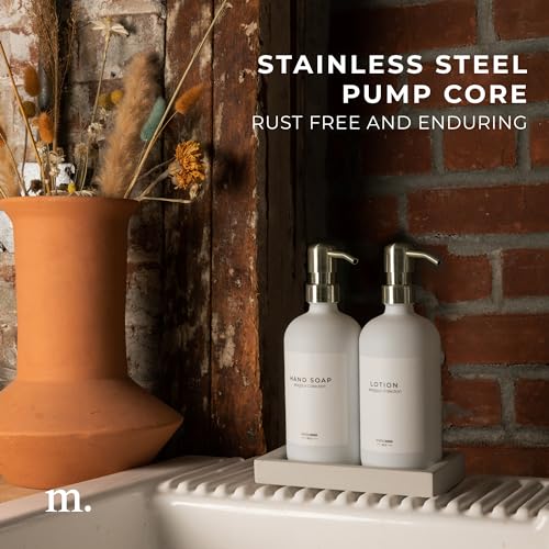 MaisoNovo Soap and Lotion Dispenser Set - Bathroom Soap Dispenser Set with White Soap Dispenser, Silver Pumps & Concrete Tray - color: White Bottles/ Silver Pumps/ White Concrete Tray