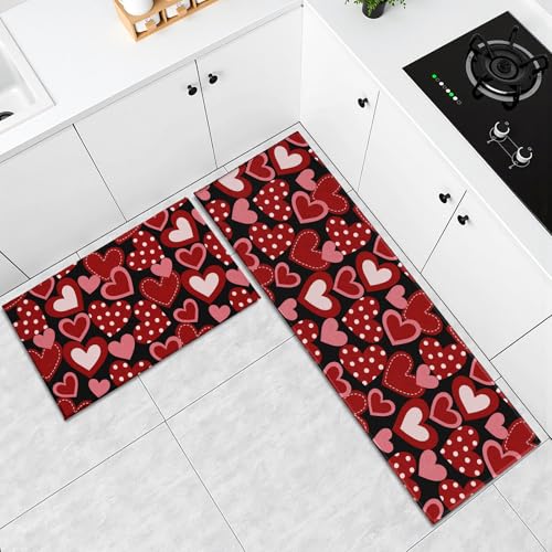 Valentines Day Kitchen Mats for Floor 2 Pcs Red Love Heart Washable Runner Rug Non Slip 17"x47"+17"x30", Romantic Valentine's Day Kitchen Rugs Set for Anniversary Wedding Holiday Home Decor - color: Red Love Hearts
