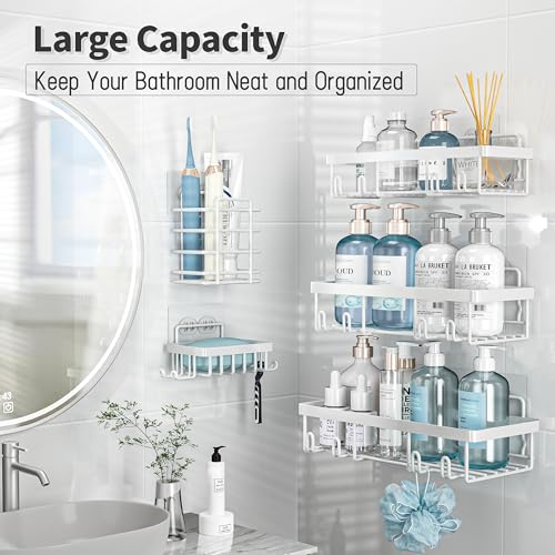 Liuoud 5 Pack Shower Caddy Organizer Rack Shelf for Inside Shower, Self Adhesive Wall Storage Basket Rustproof Stainless Steel Shampoo Holder Bathroom Accessory Decor Set, White - color: White
