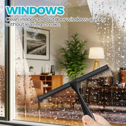 ALFLOD 12" Shower Squeegee for Glass Doors, Tile Walls, Car Windows, Black | bathroom accessories, new home essentials, silicone blade, metal handle, adhesive hook, household tool, multipurpose cleaner - color: Black, size: 12 Inch