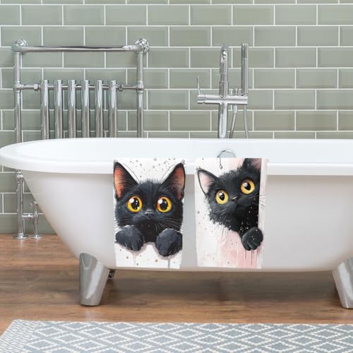 Cute Cat Hand Towels Bathroom Set of 2 Absorbent Pet Animal Cartoon Black Cat Bathroom Kitchen Towels Set of 2 Lightweight Breathable Face Towels for Bathroom Gifts for Women Man 14"x28" - color: Cute Cat
