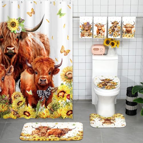 FuWeave 8 Pcs Highland Cow Shower Curtain Sets for Bathroom Sunflower Farm Cattle Shower Curtain Sets Watercolor Floral Bathroom Accessories with Towels Carpet Bath Mat Toilet Rugs and 12 Hooks - color: Highland Cow