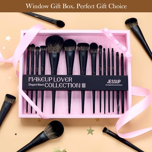 Jessup Makeup Brushes Set Jessup Make up Brushes 14Pcs Black Kabuki Foundation Eyeshadow Contour Concealer Powder Eyeliner Crease Eyebrow Blending Brush with Gift Box, T336-G - color: I-Black Gift, size: Full Brush Set