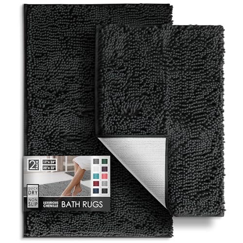 Hearth & Harbor Bathroom Rugs, Chenille Bath Mat - Machine Washable Bath Mats for Bathroom Non-Slip Backing Rubber, Quick Dry Bathroom Mat - color: Black, style: 17 x 24 + 20 x 32