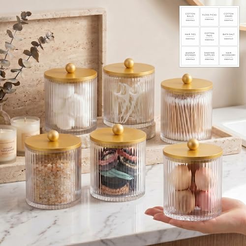Yaomiao 6 Pcs Ribbed Bathroom Canisters Apothecary Jars with Golden Bamboo Lids and Label Stickers, 18 oz Plastic Canister with Fluted Design for Cotton Ball, Swab, Floss Picks House Storage - color: Golden