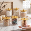 Yaomiao 6 Pcs Ribbed Bathroom Canisters Apothecary Jars with Golden Bamboo Lids and Label Stickers, 18 oz Plastic Canister with Fluted Design for Cotton Ball, Swab, Floss Picks House Storage - color: Golden