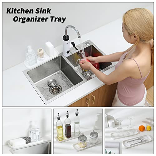 MicoYang Silicone Kitchen Sink Organizer Tray for Multiple Usage,Eco-Friendly Sponges Holder for Kitchen Bathroom Counter or Sink,Dish Soap Dispenser,Scrubber,Bottle,Cup (White, 12"×4") - color: White, size: 12" x 4" x 0.7"