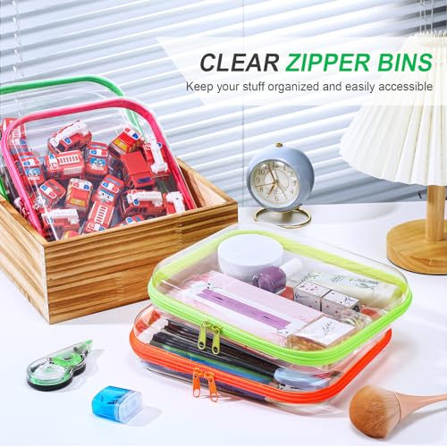 Hoolerry 4 Pcs Hard Clear Zipper Case Makeup Bags Plastic Zipper Pouch Transparent Storage Box Containers for Cosmetics, Snacks, Building Blocks, Puzzles(Clear,9.8 x 7.9 x 2 in,Fluorescent) - color: Fluorescent, size: 9.8 x 7.9 x 2 in