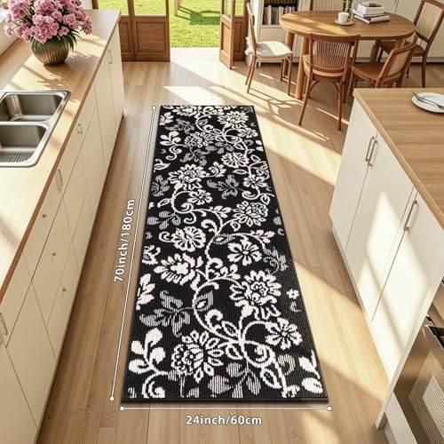 LOKHOM Boho Kitchen Rugs-24"x71" Non Slip Stain Resistant Kitchen Mats for Floor, Paisley Floral Runner Carpet for Hallways Entryway Laundry Washable (Black & White) - color: Black, size: 2' x 5'11" (Rectangular)