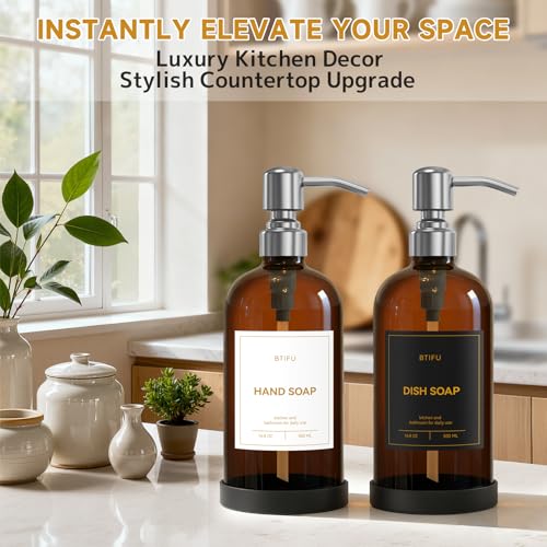 Kitchen Soap Dispenser Set – 16.8oz/500ml Glass Hand and Dish Soap Dispenser with Stainless Steel Pumps & Non-Slip Silicone Base, Luxury Countertop Decor for Home, Airbnb, Spa (Amber & Silver) - color: Amber & Silver