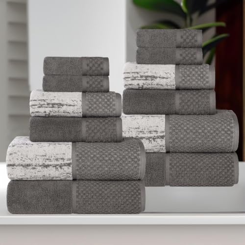 Superior Cotton Bathroom Towel Set Plush Absorbent 12 Piece Charcoal Silver | Soft Quick Dry, Bathroom Essentials, Jacquard & Solid Pattern Assorted Towels, 4 Bath, 4 Hand, 4 Face Towel, Lodie Collection - color: Charcoal-silver, size: 12 Piece Towel Set