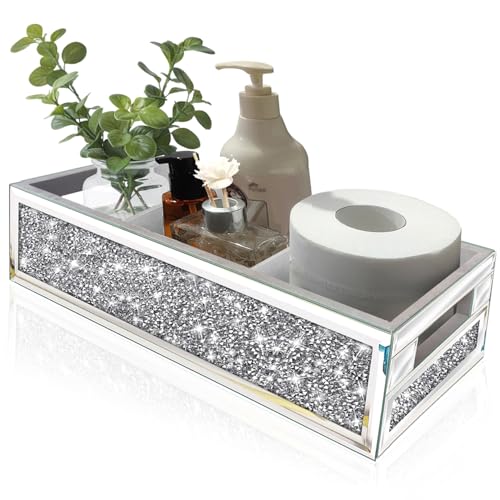 Wocred Bathroom Basket Toilet Tank Upgrade,Crushed Diamond Mirrored Bathroom Tray Wall-Mounted,3 Layer partition Storage Organizer fits Dresser Bedroom,Bathroom,Coffee Table.(15”x6”x3.8”) - color: Silver - 6 Inch (3 Compartment)