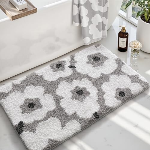 LUMI Bathroom Rugs Cute Floral Design, Soft Absorbent Microfiber Bath Mat Non-Slip, Machine Washable Quick Dry Grey Luxury Rug Flower for Floor, Bathtub, Home Decor, 20"x32" - color: C-white Flower, size: 20"x32"