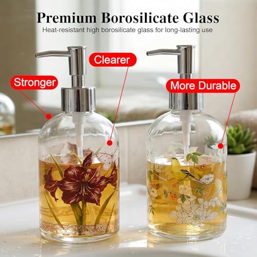 Topadorn Hand and Dish Soap Dispenser Set, 2 Pack 17oz Glass Soap Dispensers with Pump, Refillable Kitchen Soap Bottles, Vintage Floral & Goldfinch Bathroom Counter Decor - color: Set of 2