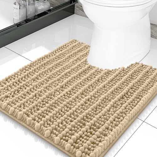 Smiry Bathroom Toilet Rugs U Shaped 20x20, Extra Soft Absorbent Non Slip Rubber Backing Chenille Contour Bath Rugs for Toilet, Machine Washable Contoured Bath Mats, Beige - color: Beige, size: 20'' X 20''