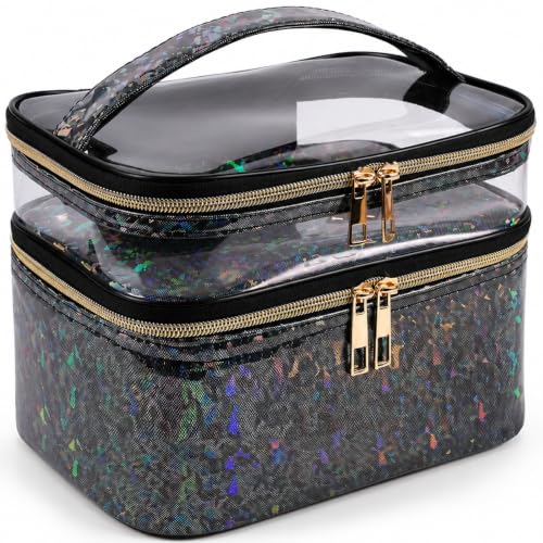 Double-layer Makeup Bag Cosmetic Bag Travel Makeup Cases Organizer Toiletry Bag Gift for Women, Portable Waterproof (Black) - color: 10-Black