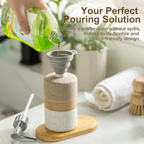 Ceramic Dish Soap Dispenser Set with Silicone Funnel, Hand Soap, Shampoo, Body Wash, Lotion Dispenser for Kitchen and Bathroom, Stainless Steel Pump, Non Slip, 12 Oz - color: Beige and White, size: 1xSoap Dispenser