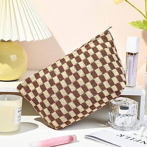 SOIDRAM 2 Pieces Makeup Bag Large Checkered Cosmetic Bag Capacity Canvas Travel Toiletry Bag Organizer Cute Makeup Brushes Aesthetic Accessories Storage Bag for Women, Brown checkered - color: Brown checkered