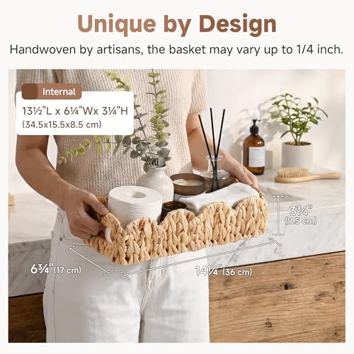 StorageWorks Small Wicker Scalloped Baskets for Bathroom Decor, Water Hyacinth Bathroom Baskets for Storage, Decorative Toilet Paper Basket for Back of Toilet Basket Tank Topper with Handles - color: Natural (Water Hyacinth), size: 14¼" L x 6¾" W x 3¾" H