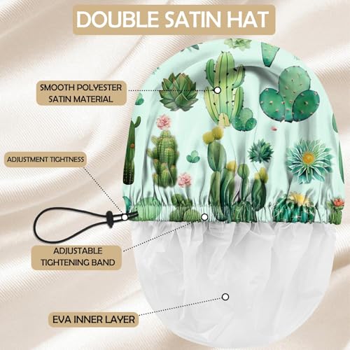 Shower Cap Adjustable Waterproof Double Layer Elastic Reusable Hair Bath Cap Cute Aesthetic for Women Girls-Cactus - color: R14-Cactus