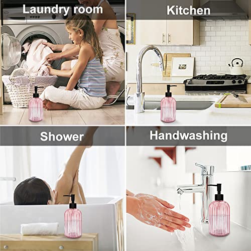 Pack of 2 Glass Soap Dispenser with Black Pump, 400 ml Refillable Pump Dispenser for Kitchen, Bathroom, Laundry Room, Liquid Glass Bottle for Washing Up Liquid, Shampoo, Conditioner (Pink) - color: Pink