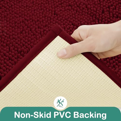 HOMEIDEAS Bathroom Rugs Set 2 Pieces, Ultra Soft Non Slip Absorbent Chenille Toilet Bath Mat Set (Burgundy) - color: Red-burgundy, size: 1'8" x 2'8" (U Shape 20"x24"+20"x32")