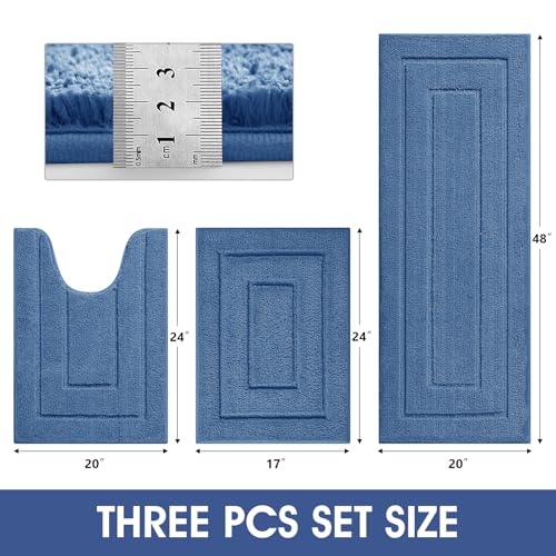 IM HOME Bathroom Rugs Sets 3 Piece, Ultra Soft Plush Fluffy Microfiber Absorbent Bath Mat, Non-Slip Backing, Machine Washable Bath Mats for Bathroom Floor, Tub, Toilet and Shower, Blue/Bordered - color: A-blue, size: 24"x17"+48"x20"+U Shape 24"x20"
