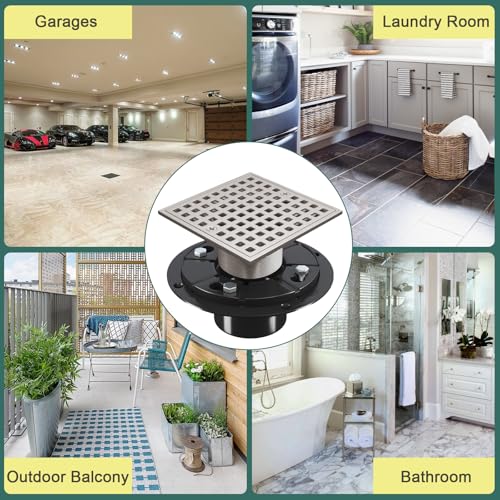 4 Inch Shower Floor Drain with Flange - Square Shower Drain with Hair Strainer - Removable Grid Strainer Cover - SUS304 Stainless Steel - Brushed Nickel - color: Brushed Nickel