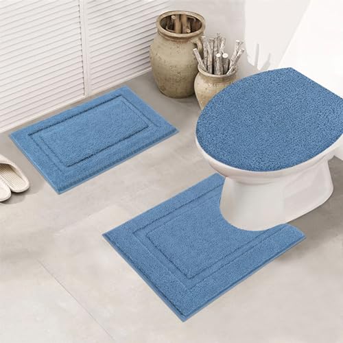 SHACOS Microfiber Small Bathroom Rugs Set of 3 Piece with Toilet Lid Cover | Non Slip Super Soft Absorbent 16"x24" Bath Mat U Shape Contour Mat Bathroom Carpet Machine Washable(Blue) - color: Blue, size: 16"x24"+U-Shape 20"x24"+Lid Cover 19"x21"