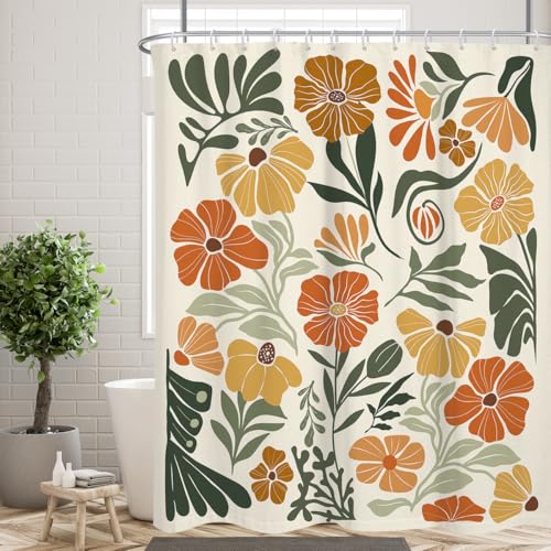 Extra Long Shower Curtain 84 Inches Long, Boho Floral Wildflower Botanical Design, 72x84 Inch XL Polyester Fabric for Bathroom, Vintage Terracotta Funky Retro Aesthetic Decor, 12 Hooks - color: Orange, size: 72"W x 84"L (Pack of 1)
