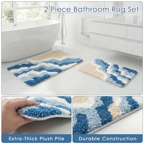 Arttown Blue Sea Waves Bathroom Rug Set 2 Piece Fluffy Microfiber Non-Slip Water Absorbent Bath Mat Soft Washable Floor Rug for Tub Showers Laundry Room Decor (16"x24"+20"x32") - color: Blue