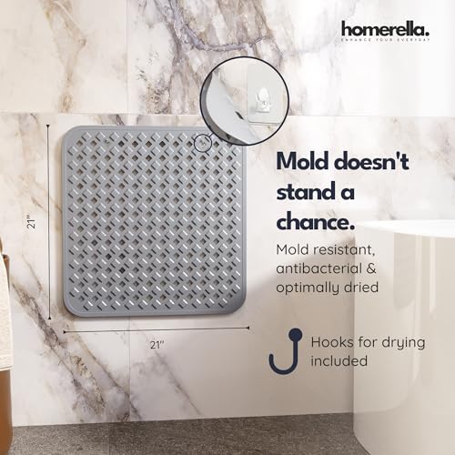 homerella® Shower Mat Non Slip Anti Mold, Non Slip Shower Mats for Inside Shower Stall Anti Slip Mat, Square Shower Floor Mat 21 x 21 in with Suction Cups & Hooks for Quick Drying, Machine Washable - color: Grey