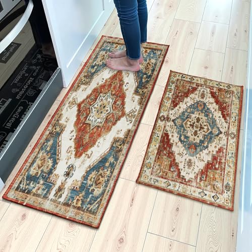 Boho Geometric Kitchen Runner Rug 2 PCS Vintage Pattern Kitchen Floor Mats Non Slip 17"x47"+17"x30", Distressed Texture Washable Rugs for Hallway Laundry Sink Decoration - color: Boho Geometric