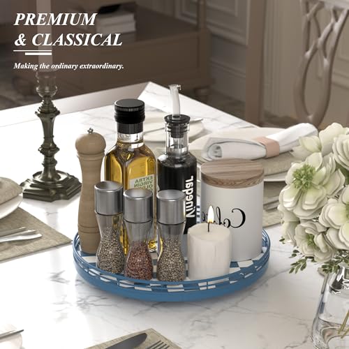 Premium Rubber Wood Lazy Susan Turntable, Blue White Checkerboard Decorative Serving Tray, Hand-Welded Metal Railing, Stable Rotating Organizer for Dining Table, Kitchen Counter, Coffee Table Decor - color: Blue & White, size: 12 inches