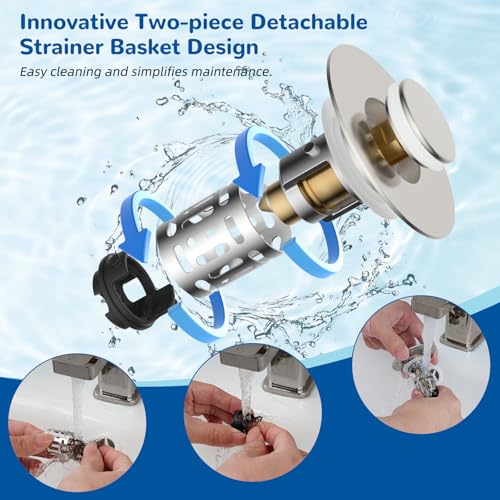 Hibbent Upgraded 3 in 1 Bathroom Sink Drain Strainer, Universal Pop Up Stopper with Removable Stainless Steel Filter Basket Hair Catcher, Sink Plug for 1.1''~2.36'' Basin, Brass Core, Brushed Nickel - color: Brushed Nickel