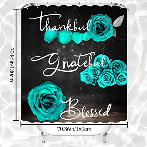 4Pcs Teal Rose Shower Curtain Set, Thankful Grateful Blessed Turquoise Bathtub Curtain with Non-Slip Rug, Toilet Lid Cover, Bath Mat and 12 Hooks, Romantic Green Floral Bathroom Decor, 72 x 72 inch - color: Green