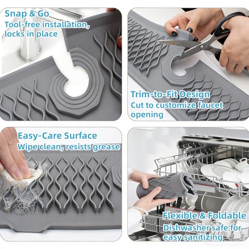 Silicone Faucet Handle Drip Catcher Beveled Drying Tray Mat Dish Soap Sponge Holder Accessories Gadgets for Kitchen Counter Bathroom Kitchen Sink Splash Guard (16.9") - size: 16.9" x 5.7"