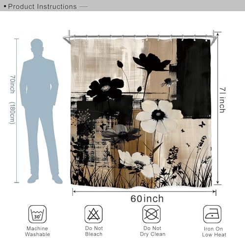 Miyotaa Abstract Modern Plant Flower Shower Curtain Set 60Wx71H Inches Black Tan Contemporary Minimalist Brushstroke Botanical Art Waterproof Bathroom Curtain with 12 Hooks - color: Brushstroke Plant, size: 60"W x 71"L (Pack of 1)