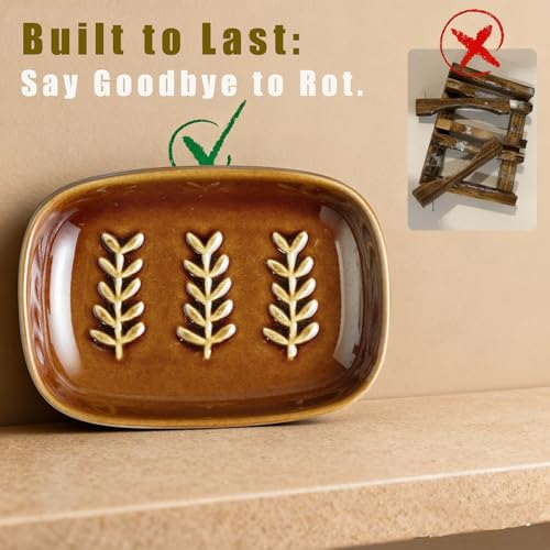 Miamolo Soap Dish for Shower, Ceramic Soap Holder Soap Dishes for Large Bar Soap Sponge, Decorative Soap Saver Tray for Bathroom Kitchen Sink Bathtub, Pro-Environment, Extend Soap Life, Dark Brown - color: Dark Brown, size: Leaf Design