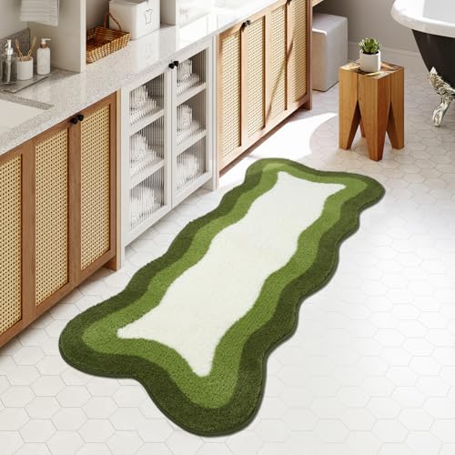 HAOCOO Luxury Soft Large Bathroom Rugs, 24x59 Inch Long Bathroom Rugs Non Slip Washable, Green Irregular Shaped Rug Absorbent Bathroom Mat for Bedroom Bathtub Sink Shower - color: Green, size: 4'11" x 2' (Irregular)