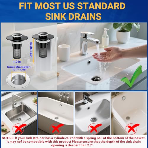 Bathroom Sink Drain Strainer, Pop-Up Bathroom Sink Stopper with Removable Stainless Steel Hair Catcher Basket, Universal Fit for US Bathroom Sinks, Showers & Floor Drains (1pcs-Black) - color: 1pcs-black
