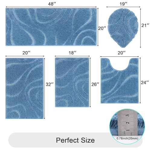 HEBE Bathroom Rugs Sets 5 Piece, Soft Absorbent Microfiber Bath Mat for Bathroom, Non Slip Washable Bath Rug Set with Toilet Cover, Bath Runner and U-Shaped Contour Toilet Rug, Blue - color: Blue, size: 18"x26"+20"x32"+20"x48"+U20"x24"+Cover19"x21"