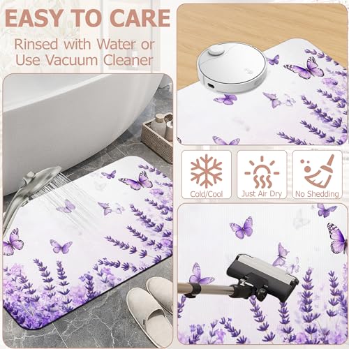 Diatomaceous Earth Bath Mat, Lavender Butterfly Bath Rugs, Purple Non-Slip Thin Absorbent Fast Drying Easy to Clean for Bathroom Laundry Home Kitchen Door Mat 17x29.5Inch - color: Lavender Butterfly,purple