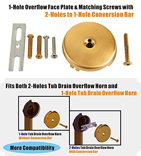 Artiwell Universal Tip Toe Tub Drain Conversion Kit - Bathtub Drain Replacement Trim Kit with 1-Hole Overflow Face Plate and Pop-Up Tub Stopper, Brushed Gold - color: Brushed Gold