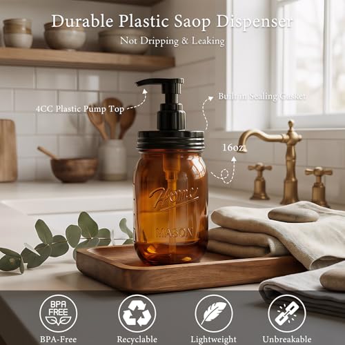 Amolliar Plastic Mason Jar Soap Dispenser with Pump Lid,16OZ Refillable Hand Soap Dispenser Set with Cute Lables - Farmhouse Decor for Kitchen Bathroom, Liquid Soap, Dish Soap, Lotion (2 Pack, Amber) - color: Amber Jar With Black Pump